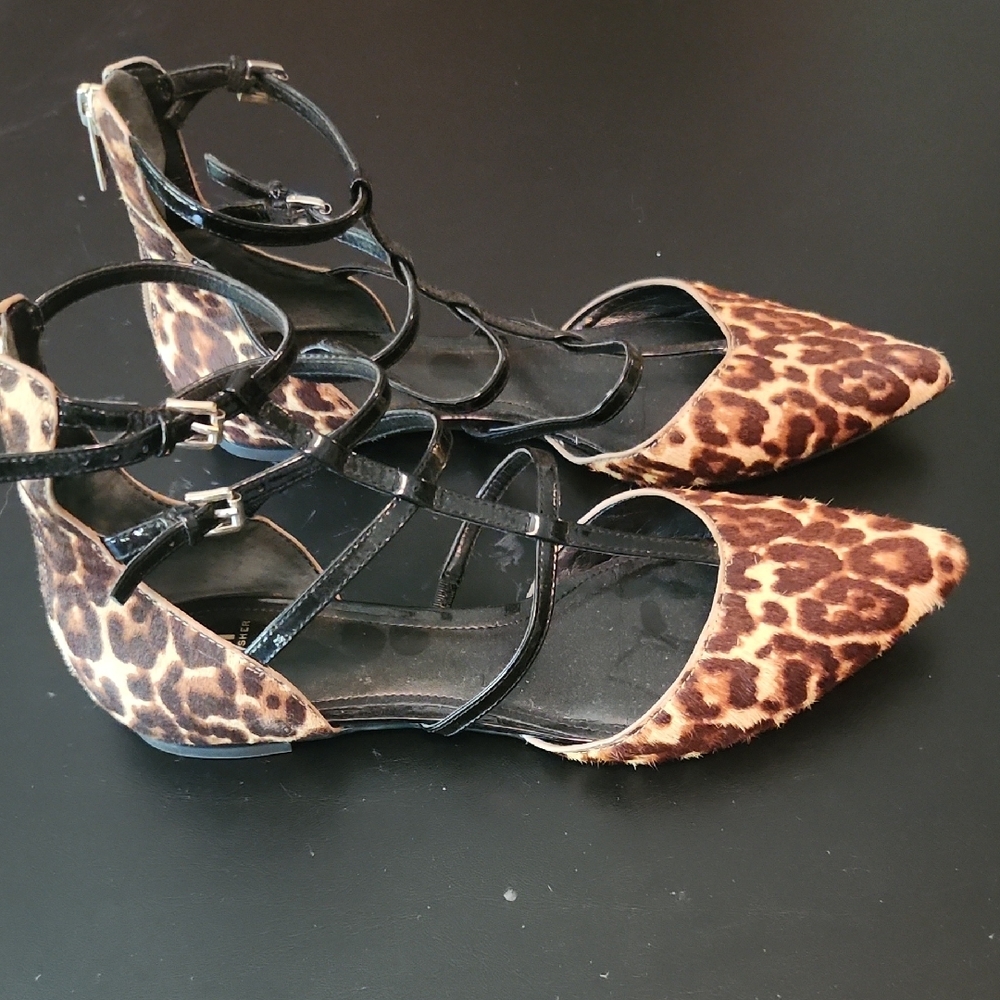 Marc Fisher Animal Print Gladiator Flats with Black Patent Leather Accents 7.5